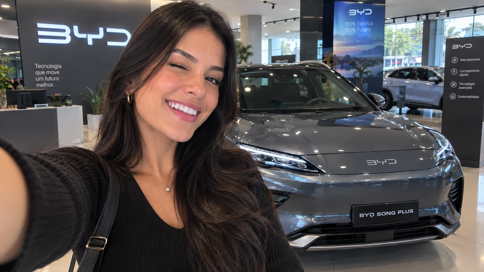 Woman smiling in a BYD showroom, taking a selfie in front of a gray car.