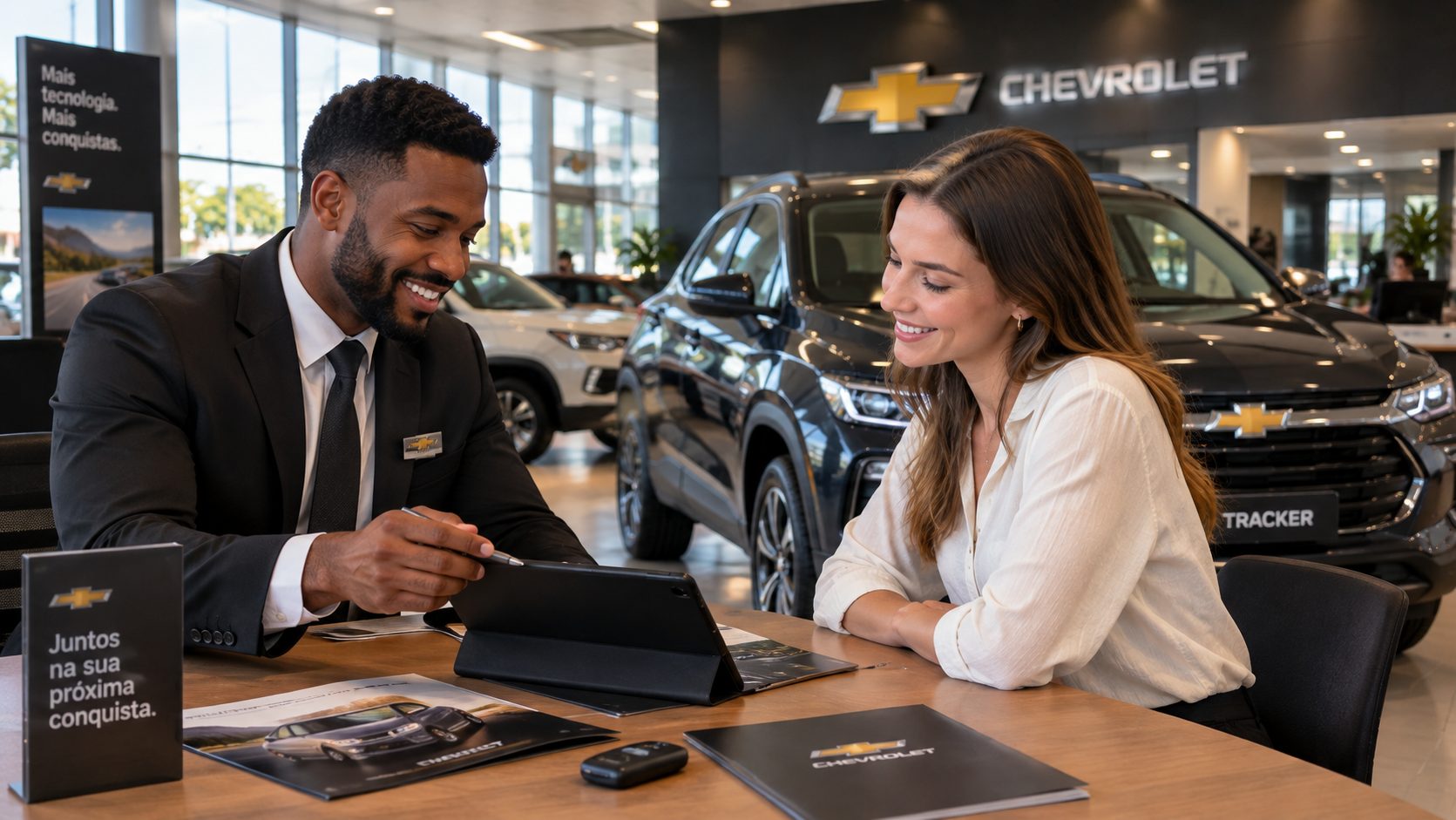 Salesperson showing a tablet to a customer at a Chevrolet car dealership showroom