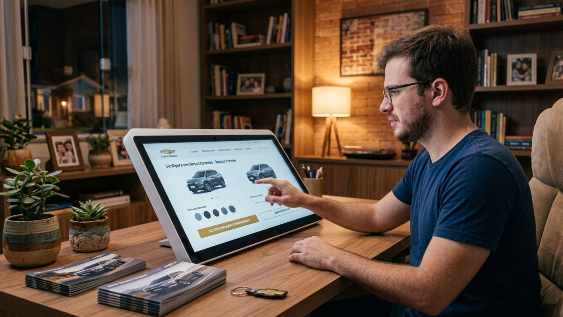 Man using a laptop at a wooden desk in a cozy home office, reviewing car images on screen.