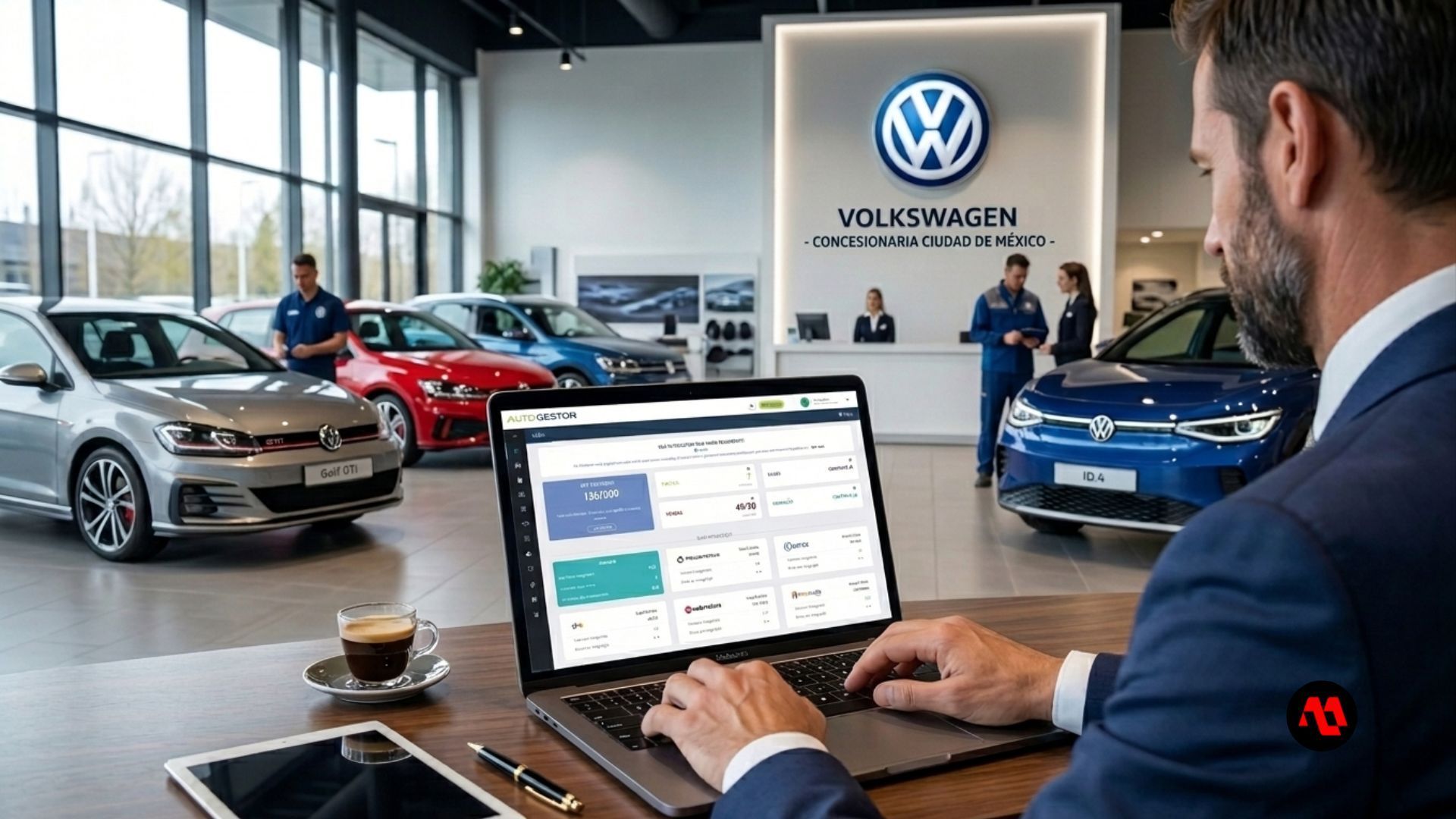 Man working on laptop in a Volkswagen showroom with several cars on display