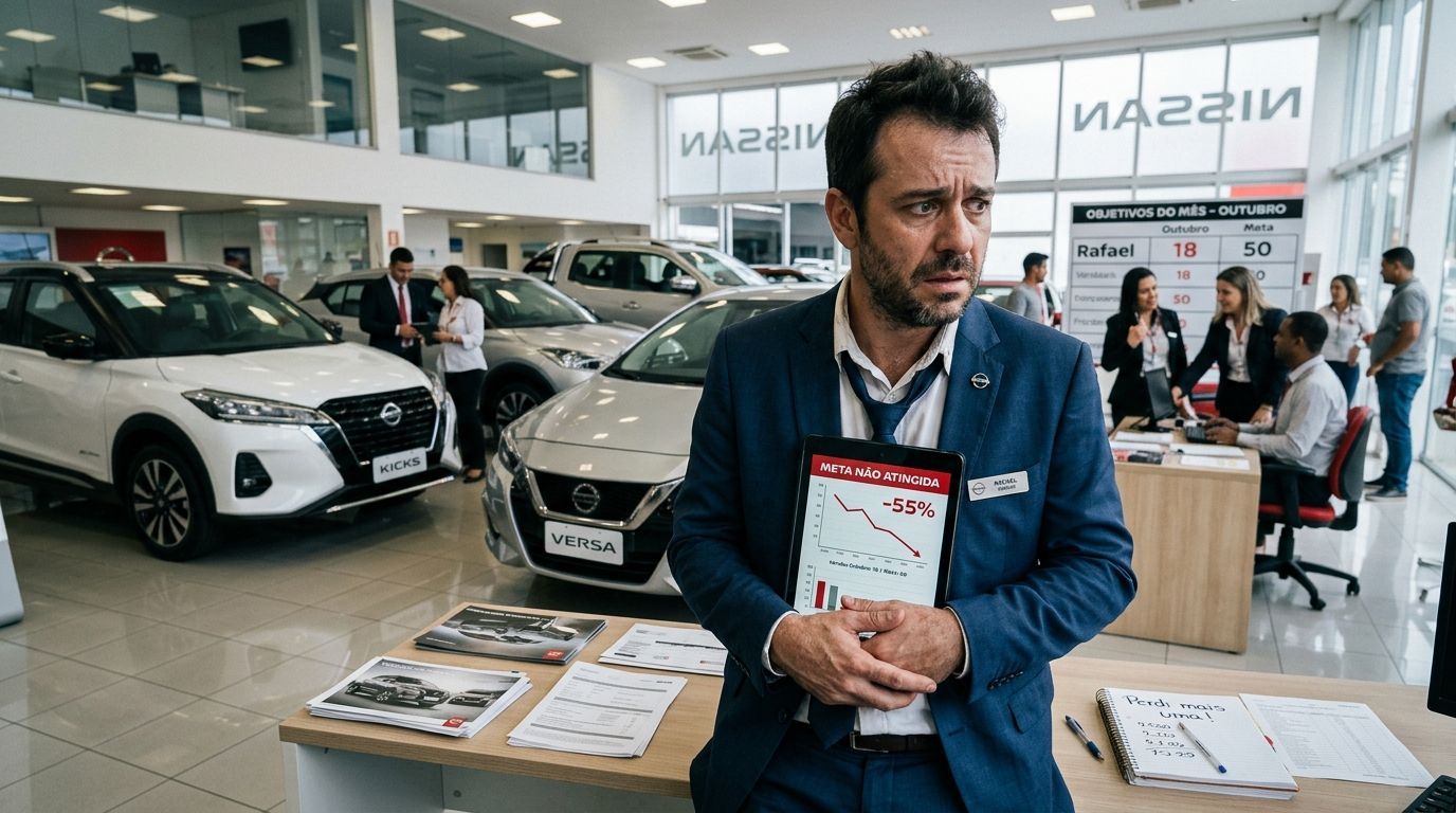 Man in a blue blazer holding a brochure at a Nissan car showroom with cars and sales tables behind him