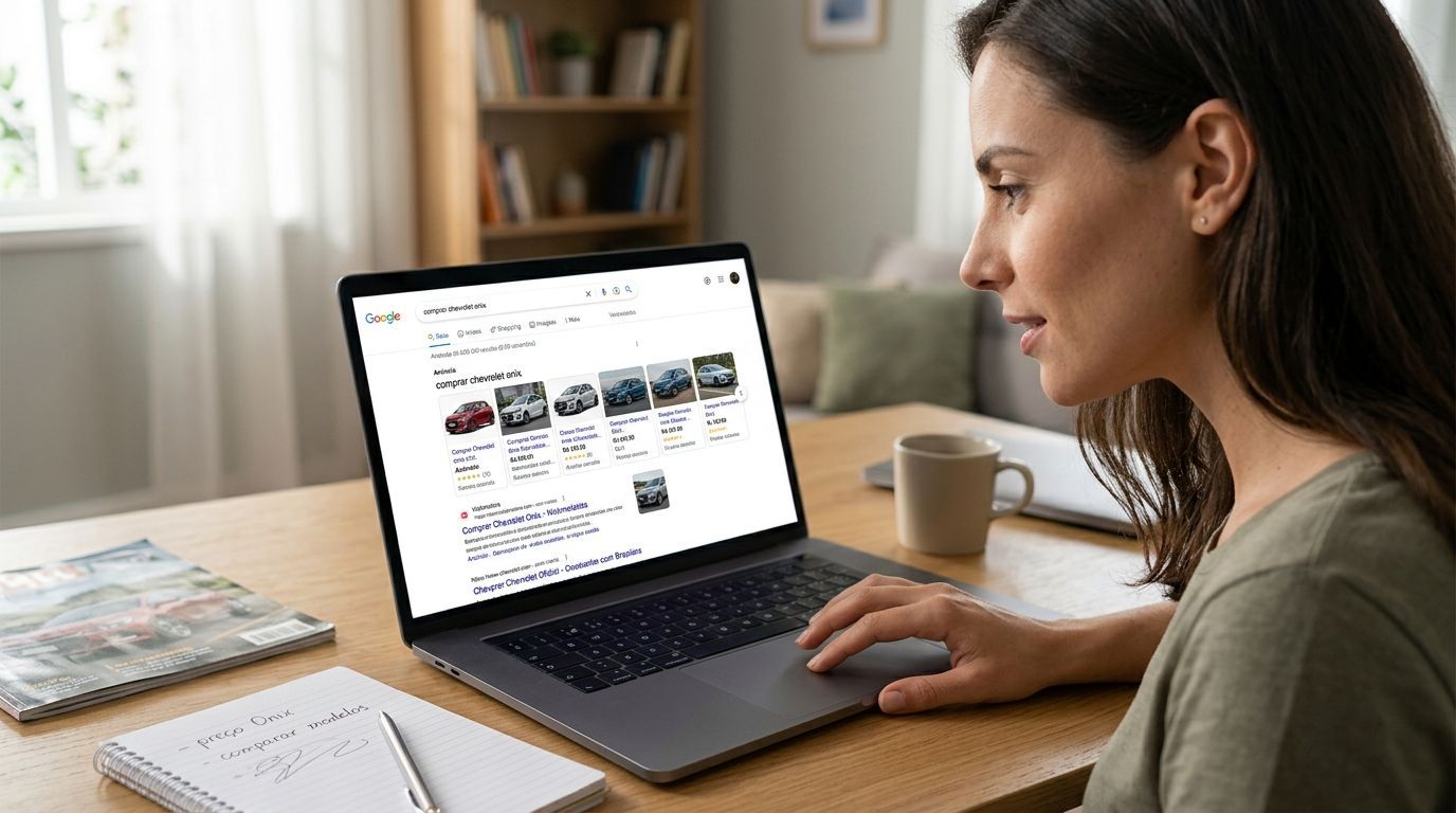 Person working on a laptop at a wooden desk, browsing a website in a bright home office.