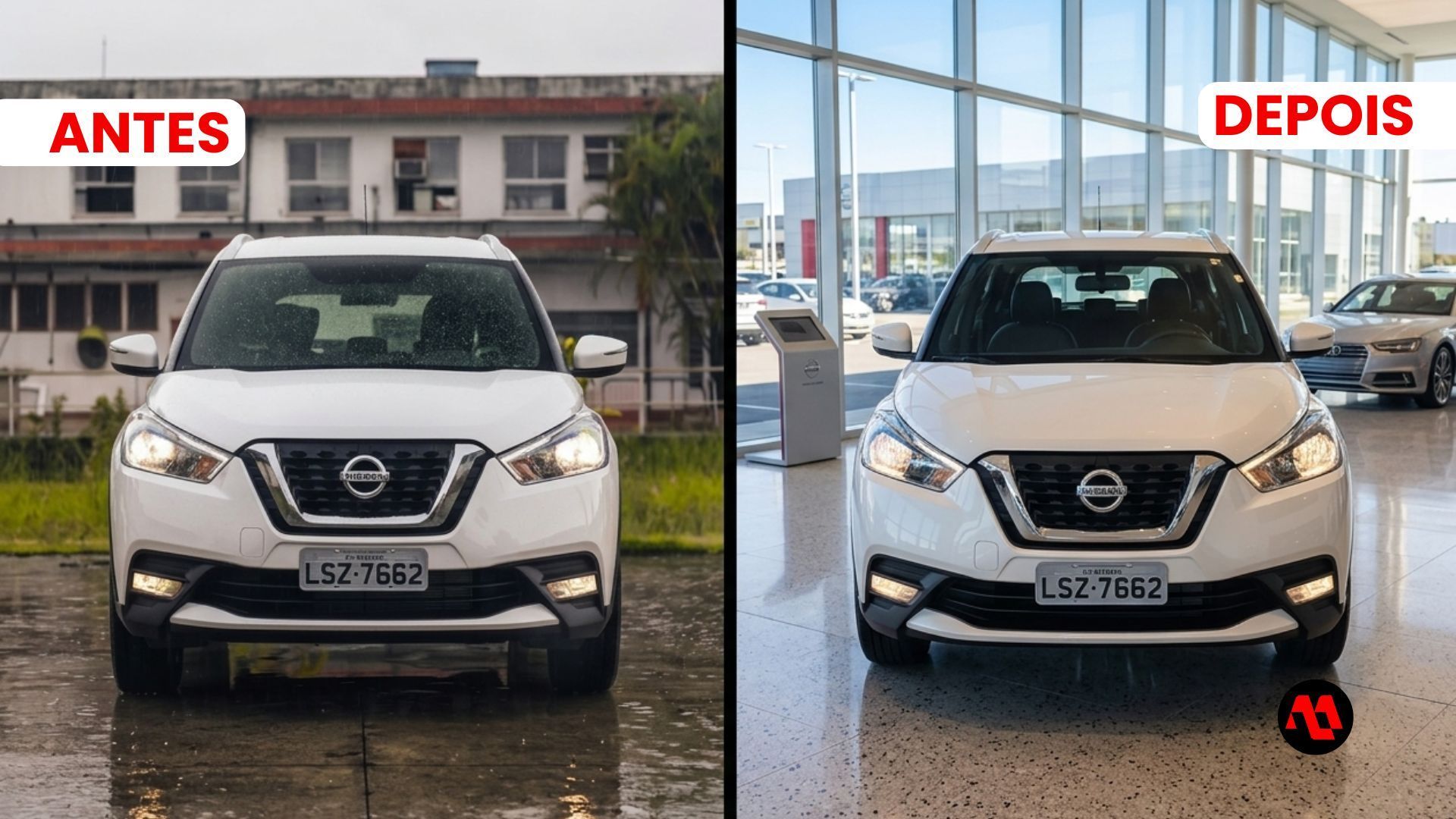 Antes e depois de um SUV branco, com comparação da frente do carro em dois cenários.