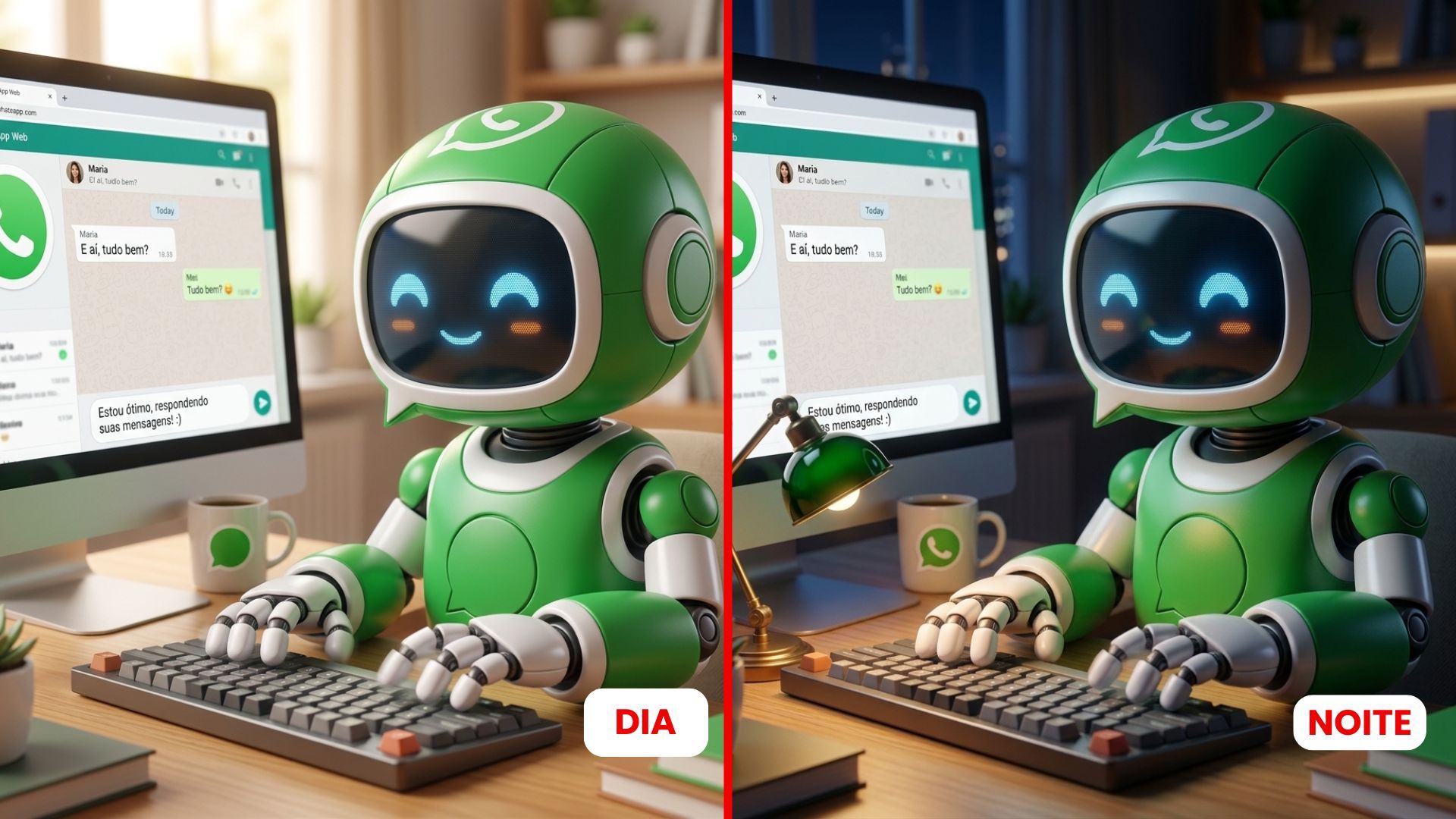 Green robot typing at a desk beside a monitor, smiling in a bright workspace; split into day and night scenes.