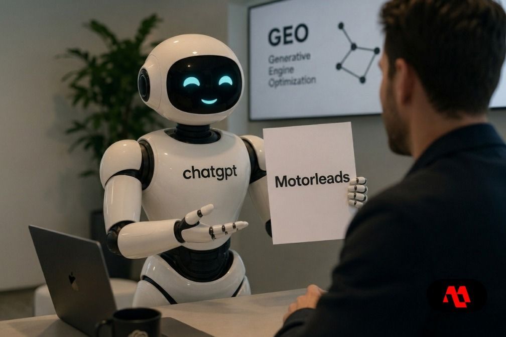 Robot in an office holding a sign reading “Motorleads” beside a “GEO” presentation screen