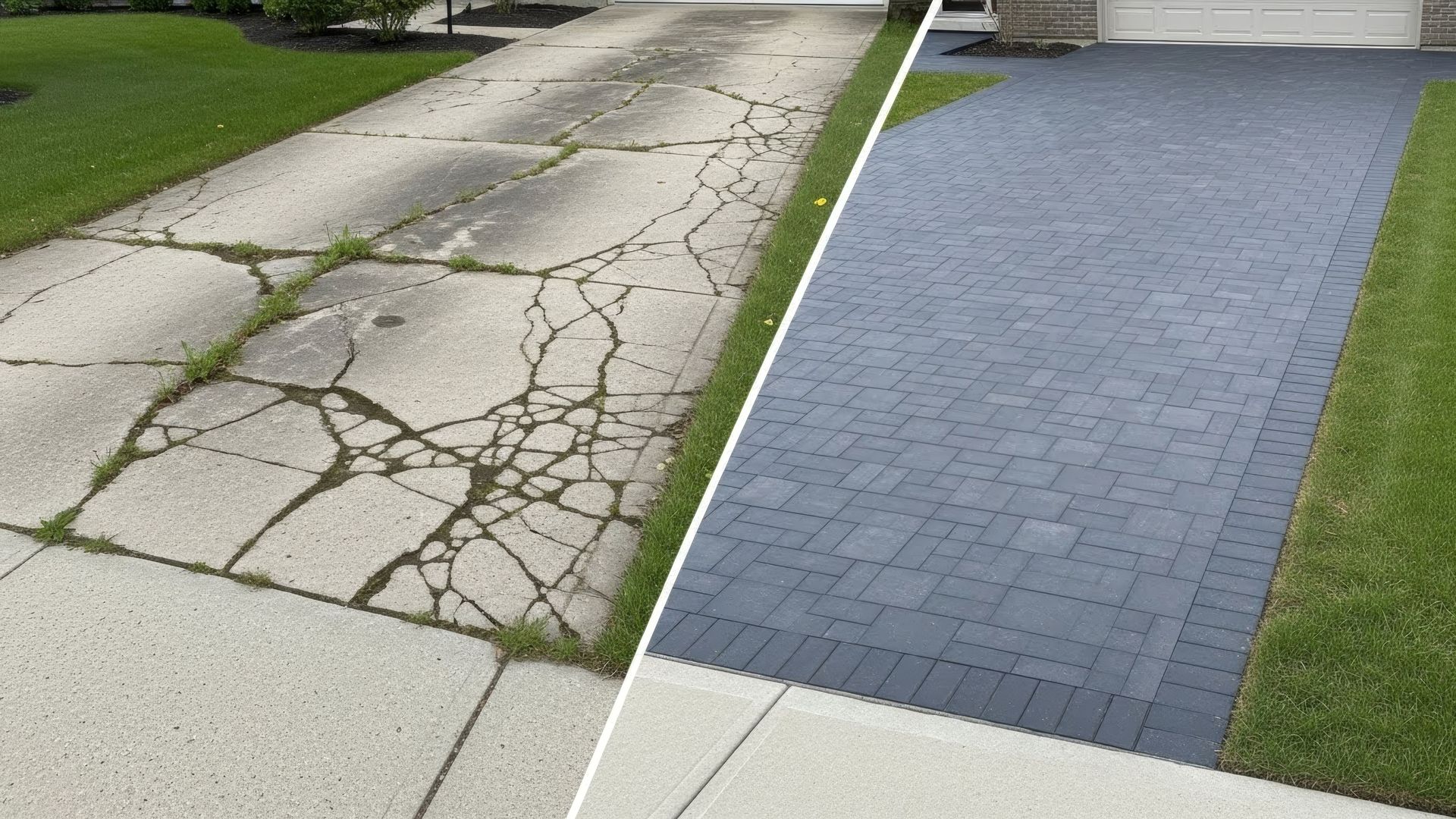 Before and after comparison of a residential driveway showing severely cracked deteriorated asphalt 