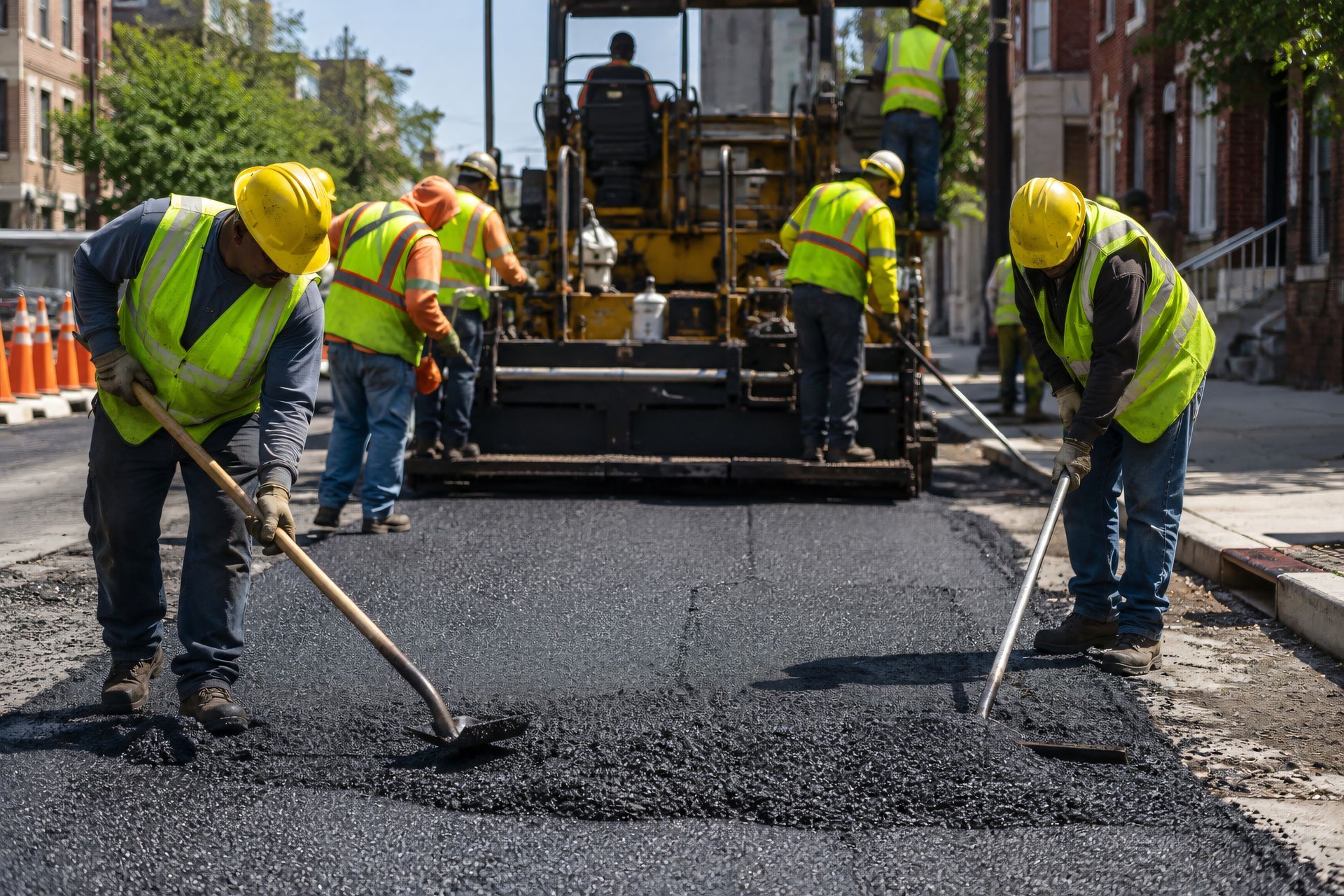 Road crew spreads fresh asphalt around a paving machine on a city street. Road crew spreads fresh asphalt around a paving machine on a city street.