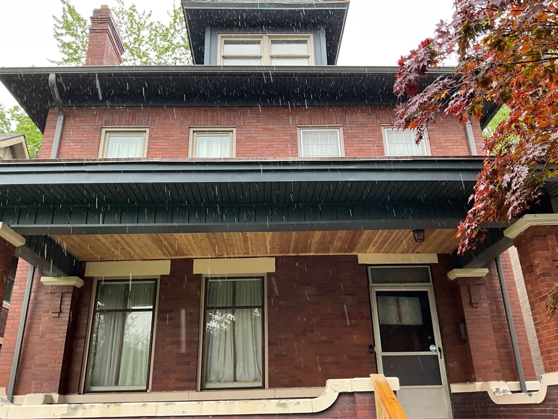 New roof on a brick two-story home in Southern Orchards, Columbus, Porch roof repair on South Ohio Avenue, Columbus