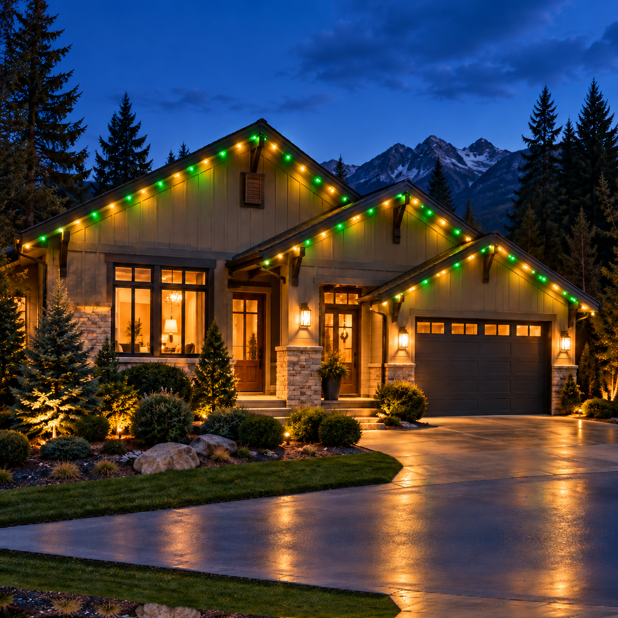 Cozy house at dusk with green holiday lights, lit windows, and wet driveway before snowy mountains