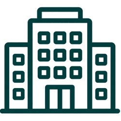 Stylized teal outline of a multi-story office building icon on a white background
