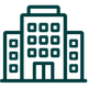 Stylized teal outline of a multi-story office building icon on a white background