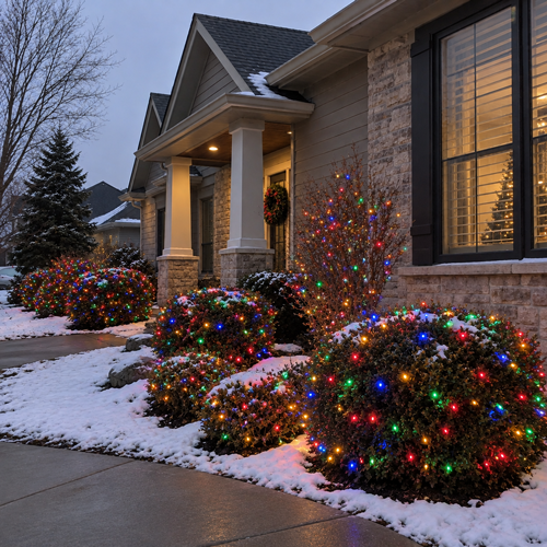 Snowy suburban house decorated with colorful Christmas lights along the front shrubs and porch.