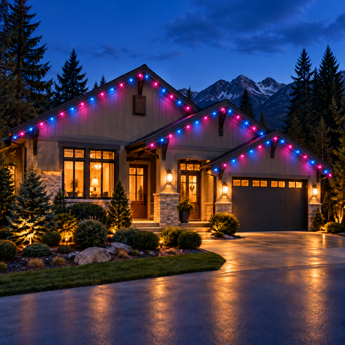 House lit with colorful holiday lights at dusk, with snowy mountains in the background.