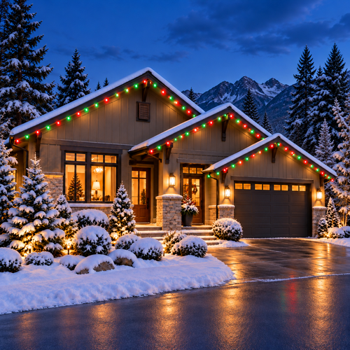 Snowy house at dusk with colorful Christmas lights and warm glowing windows