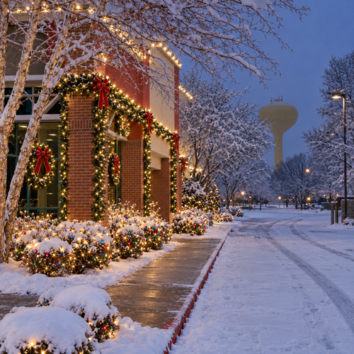 Snowy sidewalk beside a lit brick building decorated with Christmas wreaths at dusk