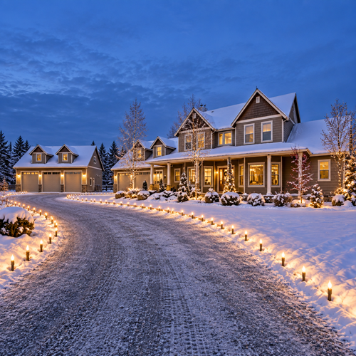 Snowy driveway lit by warm path lights leading to a large house decorated for winter at dusk
