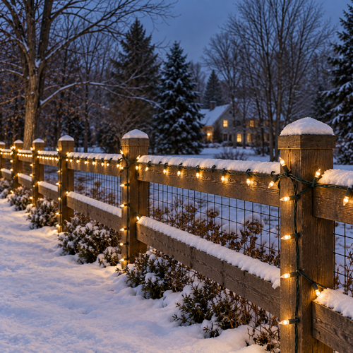 Snowy yard with a wooden fence wrapped in warm white holiday lights at dusk