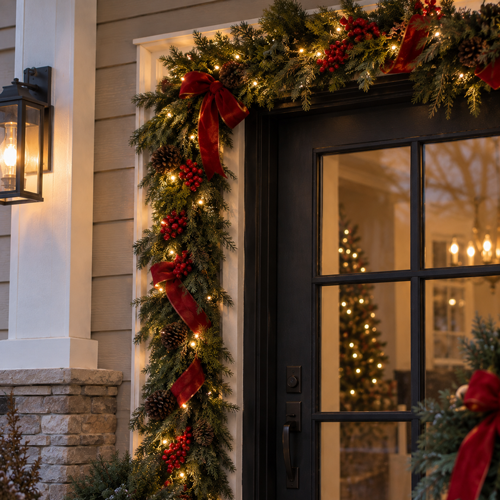Festive front door with evergreen garland, red bows, and warm holiday lights at dusk