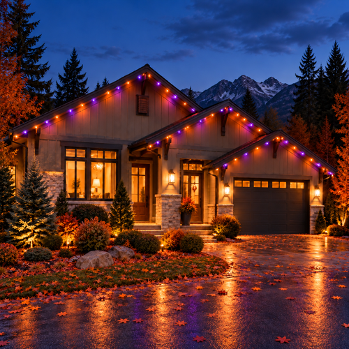 Cozy house at dusk with purple holiday lights, wet driveway reflections, and snowy mountains behind