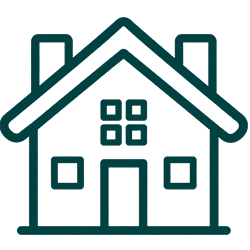 Teal outline of a house icon with roof, windows, and door on a white background