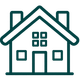 Teal outline of a house icon with roof, windows, and door on a white background