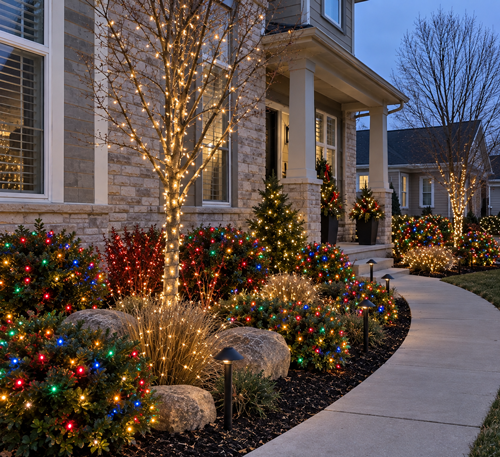Holiday lights wrapped around trees and shrubs along a home’s front walkway at dusk