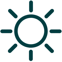 Sun icon in dark teal with rays around a circular center