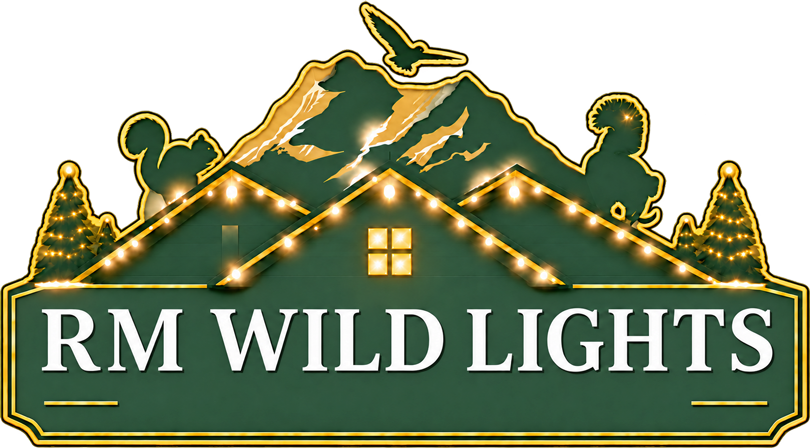 RM WILD LIGHTS logo with a green mountain, lit cabin, and gold outline