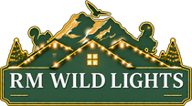 RM WILD LIGHTS logo with a green mountain, lit cabin, and gold outline