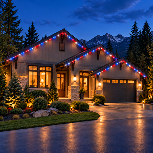 Snowy mountain home at dusk, lit with red and blue holiday lights and warm windows.