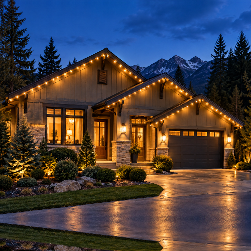 Cozy lit house at dusk with warm string lights, snowy mountains, and wet driveway