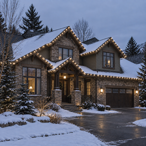 Snow-covered house with warm holiday lights and a driveway at dusk