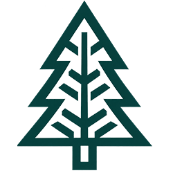 Dark green pine tree logo on a white background