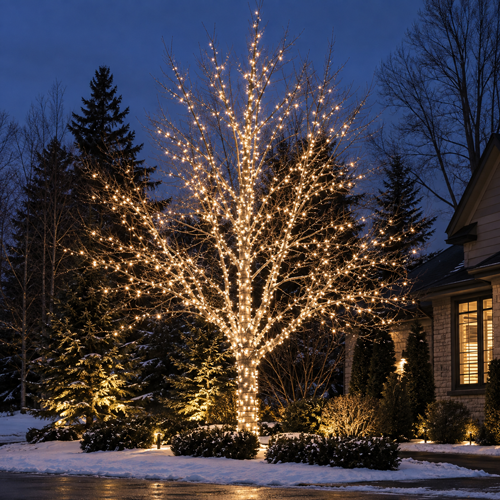 Snowy yard with a tree wrapped in warm white lights beside a lit house at dusk