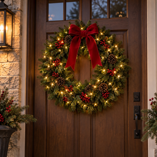 Lit Christmas wreath with red bow on a wooden front door beside a porch light