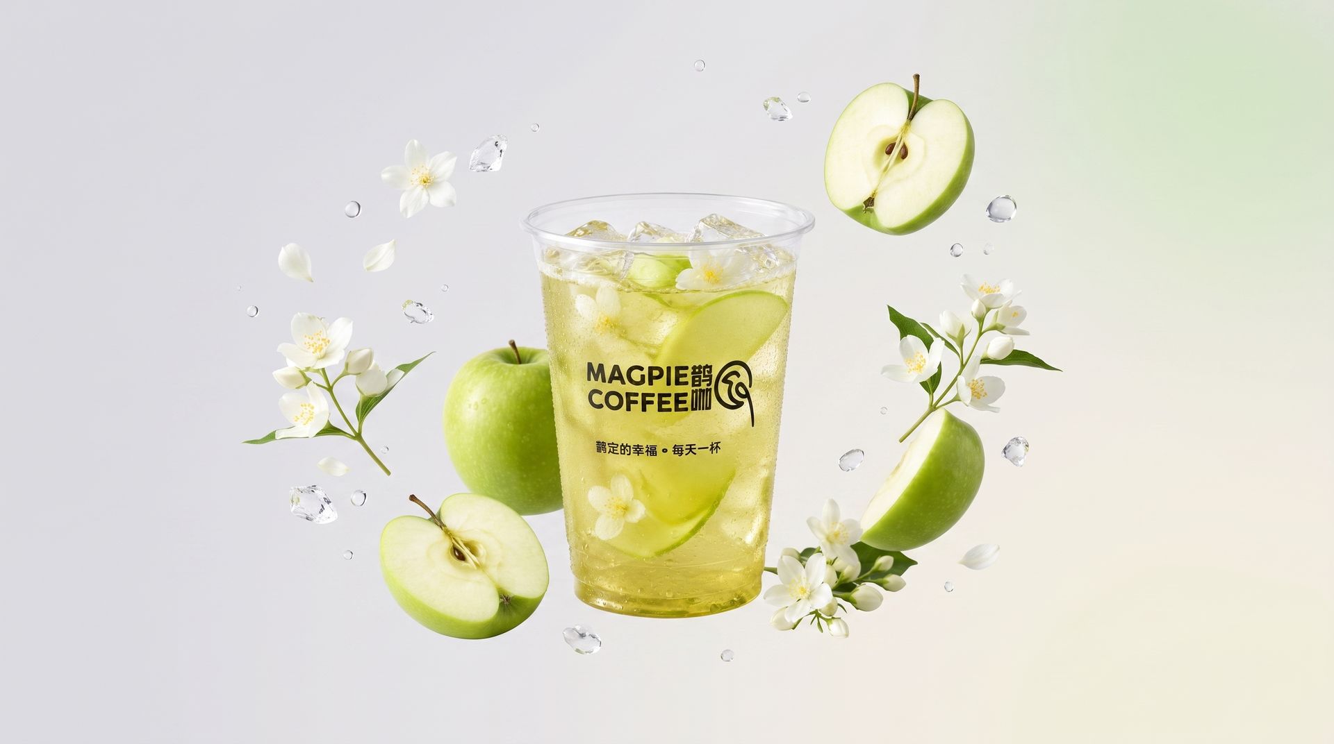 Iced green apple drink in a cup, surrounded by apple slices and blossoms on a light background