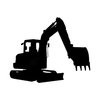 A black and white silhouette of an excavator on a white background.