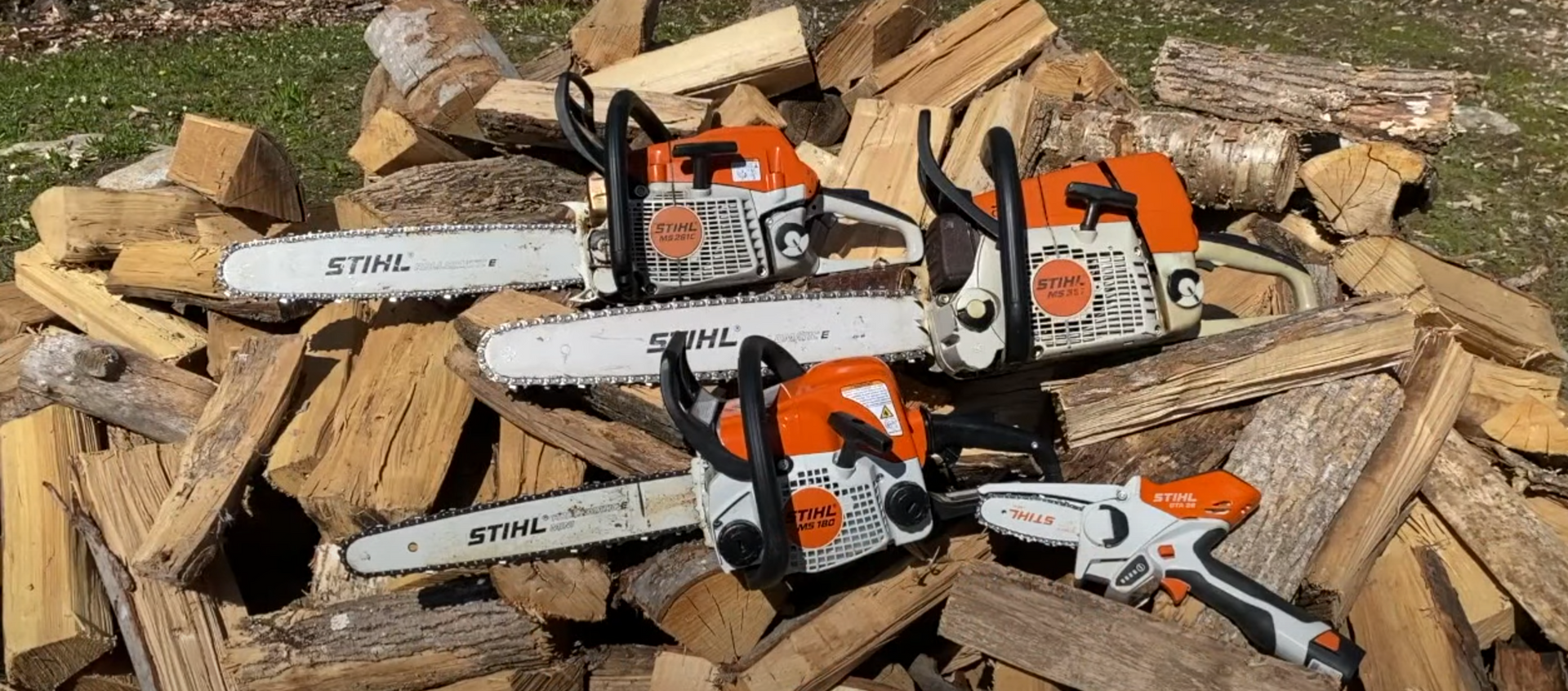 Chainsaws laying on cut logs 