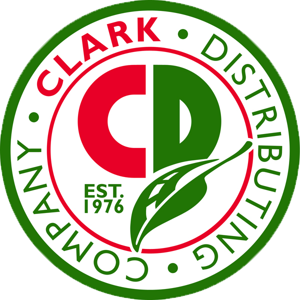 Clark Distributing Company logo: red "CD" in a green circle, green leaf, with company name and "EST. 1976" in green.
