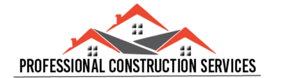 Logo with three house silhouettes in shades of gray and red, with