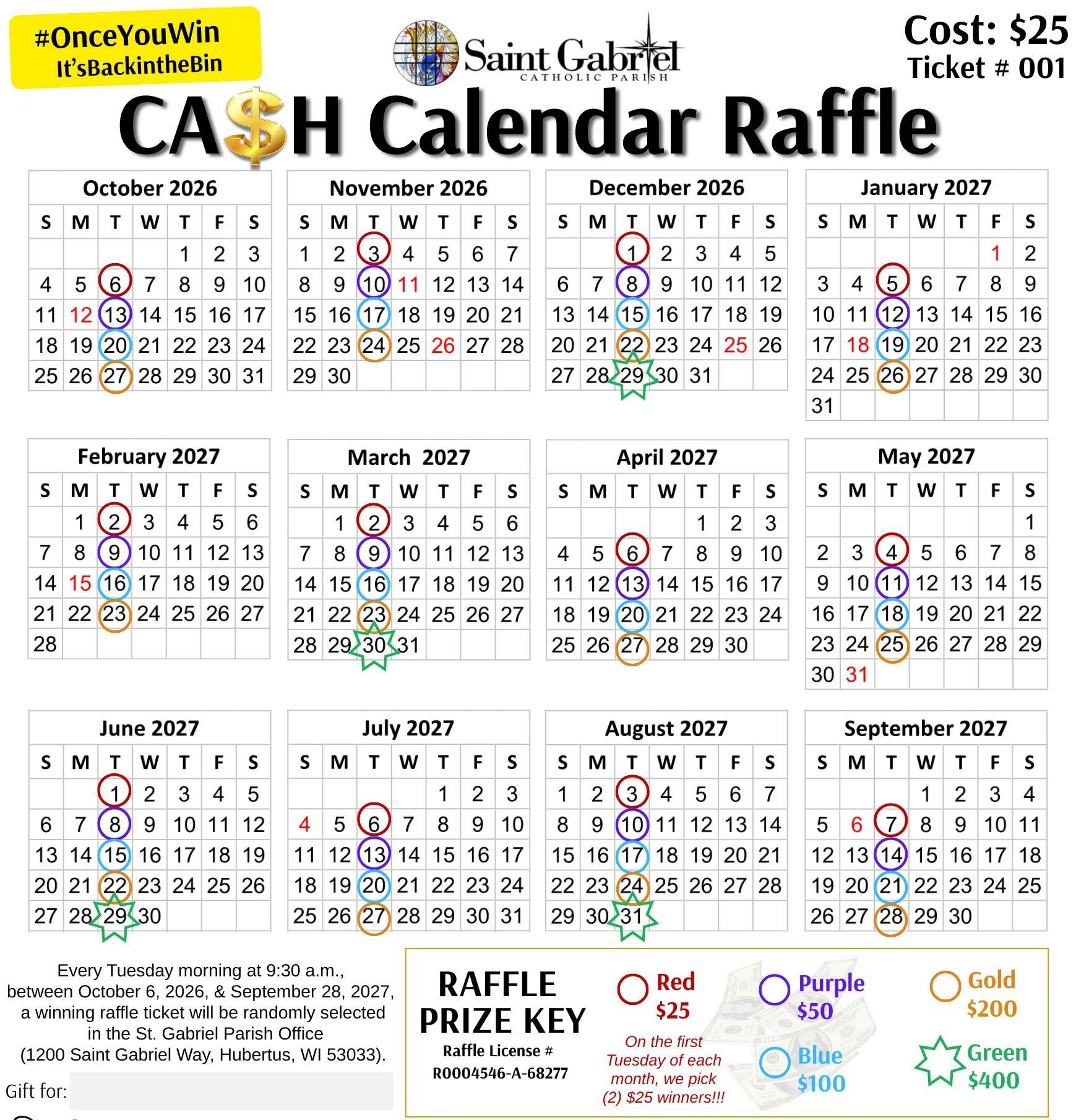 Wisconsin Calendar Raffle Cash Calendar Raffle | St. Gabriel Catholic Parish | Hubertus, WI