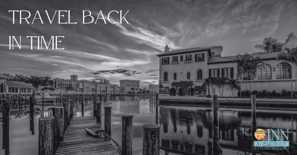 A black and white photo of a dock with the words travel back in time