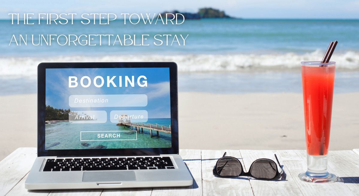 A laptop on the beach that is being used for early booking of the next vacation.