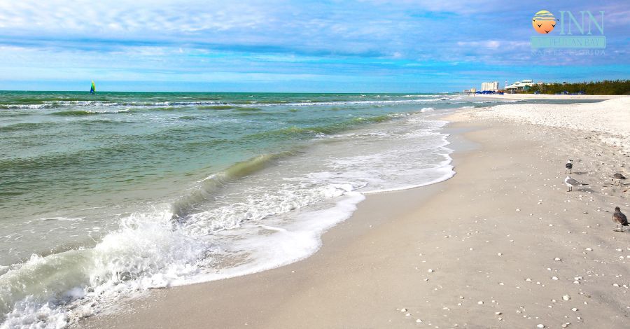 A sandy beach with waves crashing against the shore