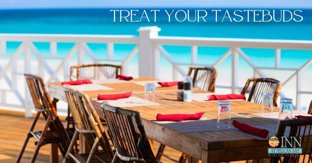 A table and chairs on a deck with the words treat your tastebuds