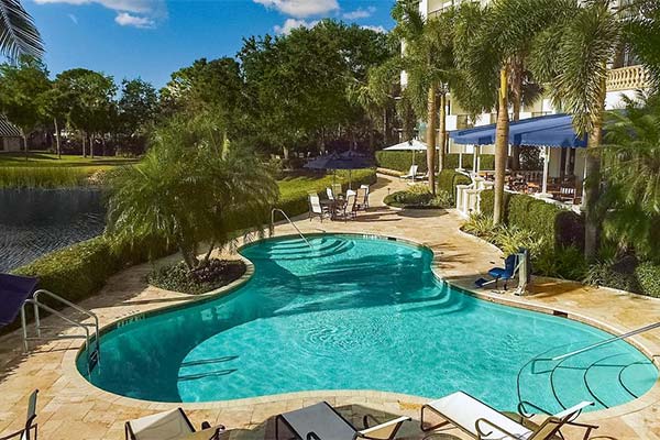 A large swimming pool surrounded by chairs and palm trees