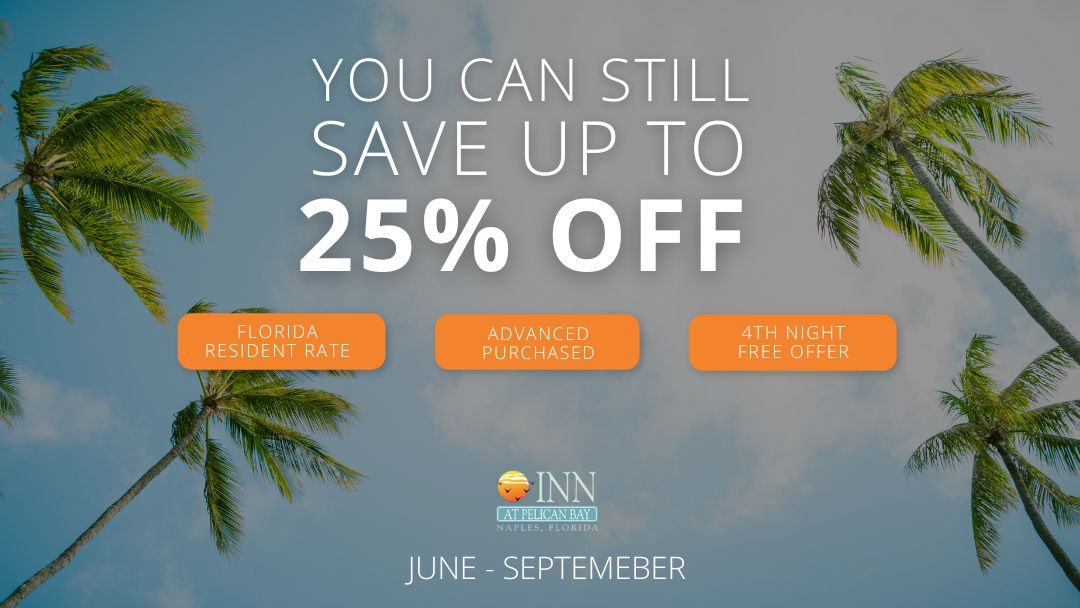 A poster that says `` you can still save up to 25 % off '' with palm trees in the background.