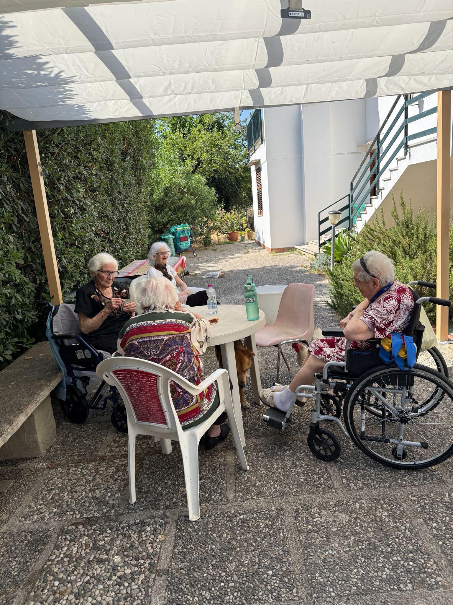 Persone sedute all'aperto sotto una tettoia, chiacchierano attorno a un tavolo vicino a un edificio e a un giardino.