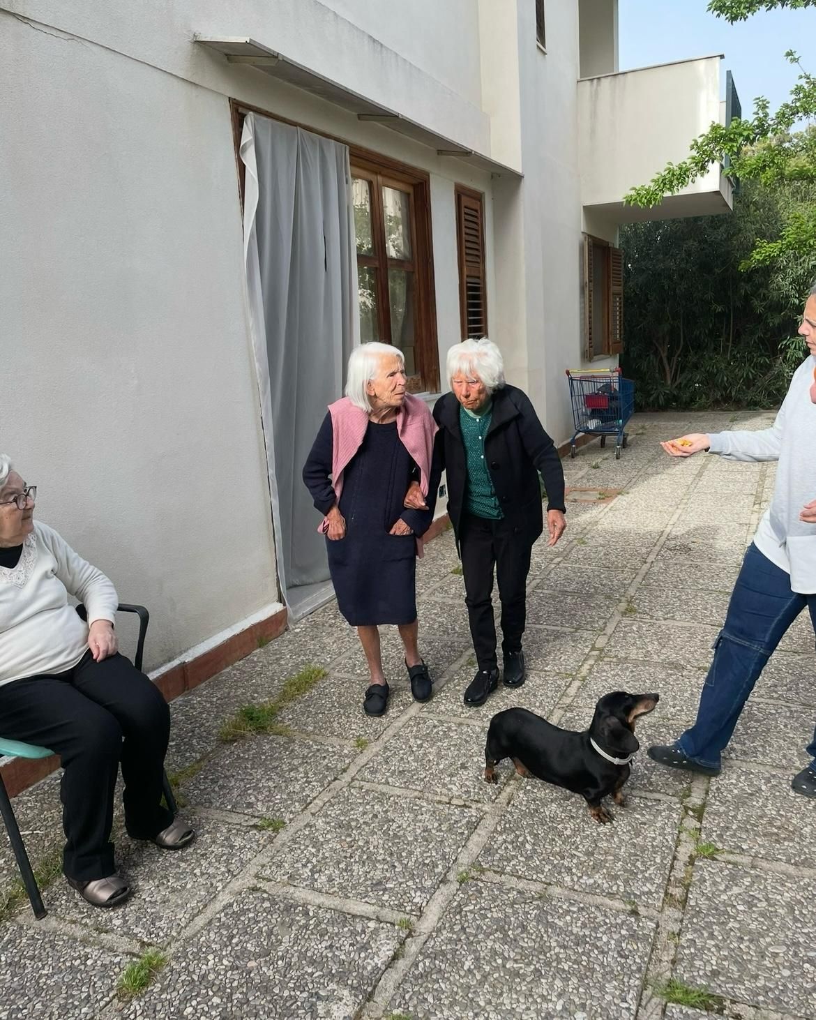 Due persone in piedi con un cagnolino su un patio esterno a un edificio, mentre altre sono sedute nelle vicinanze.