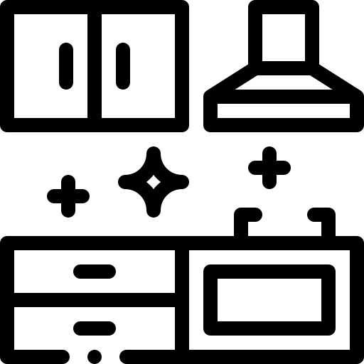 A black and white icon of a kitchen with cabinets , drawers , and a hood.